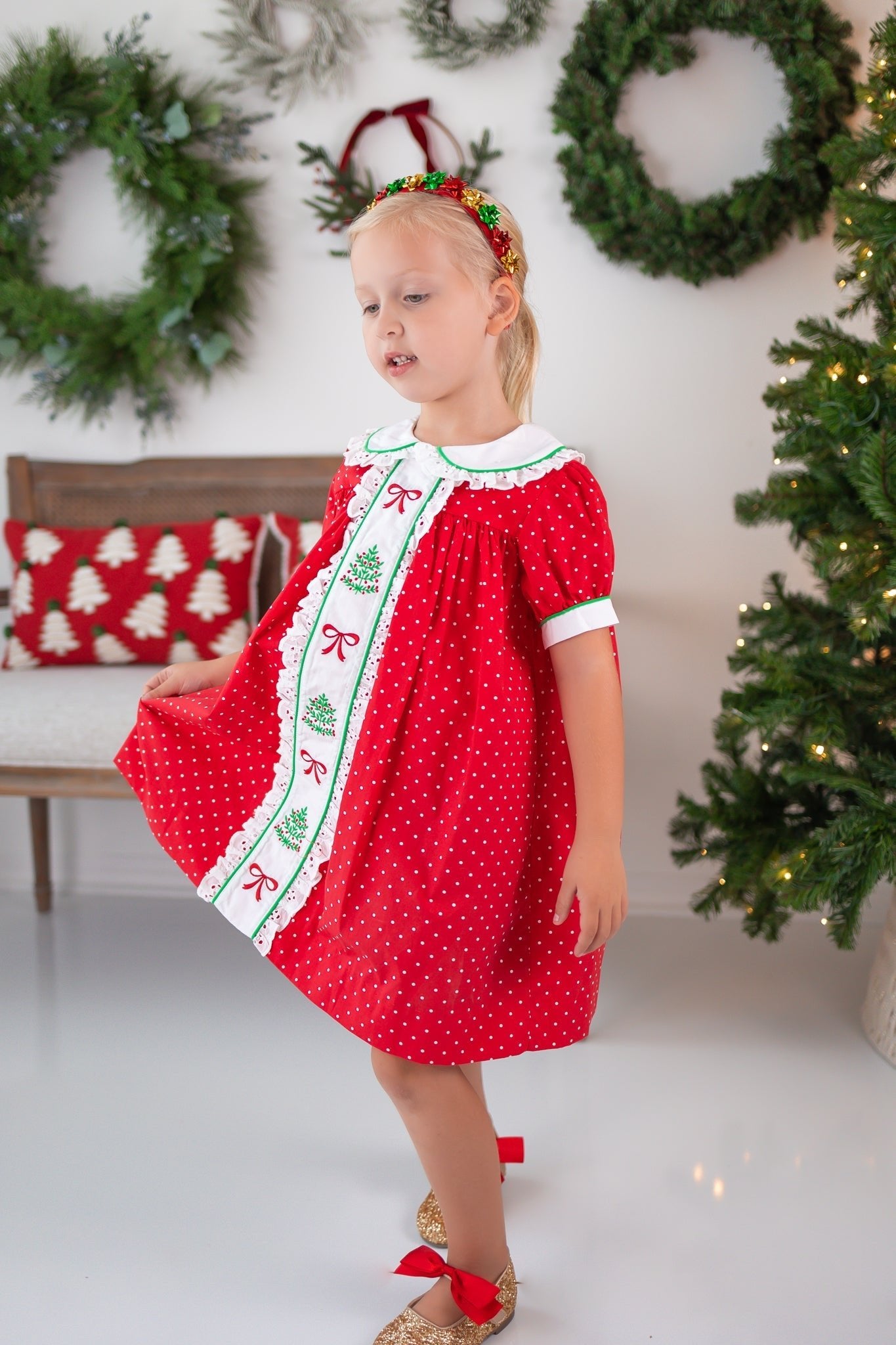Deck the Halls Red Polka Dot A-Line Dress with Christmas Tree and Bows Embroidery - Abbies Place