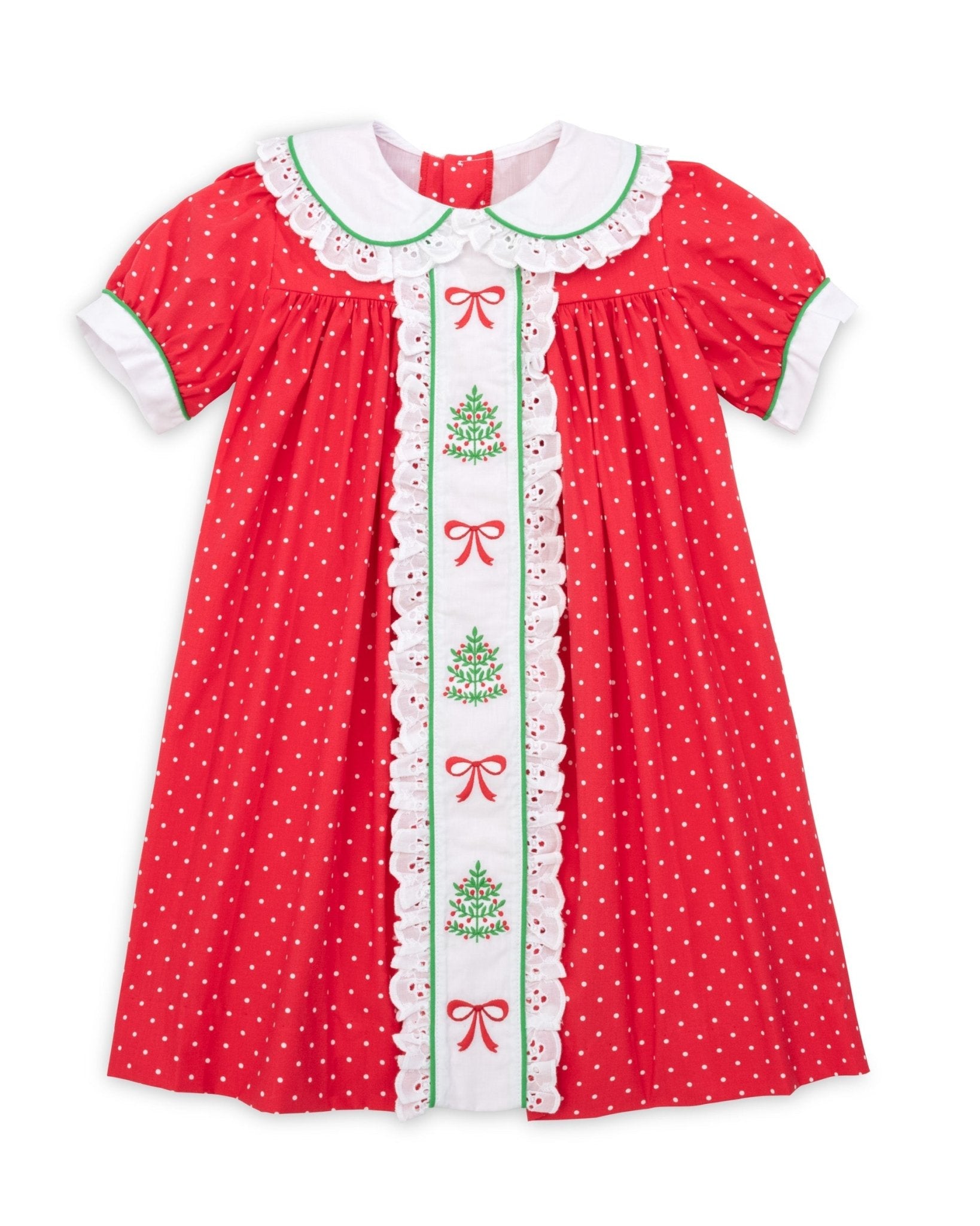 Deck the Halls Red Polka Dot A-Line Dress with Christmas Tree and Bows Embroidery - Abbies Place