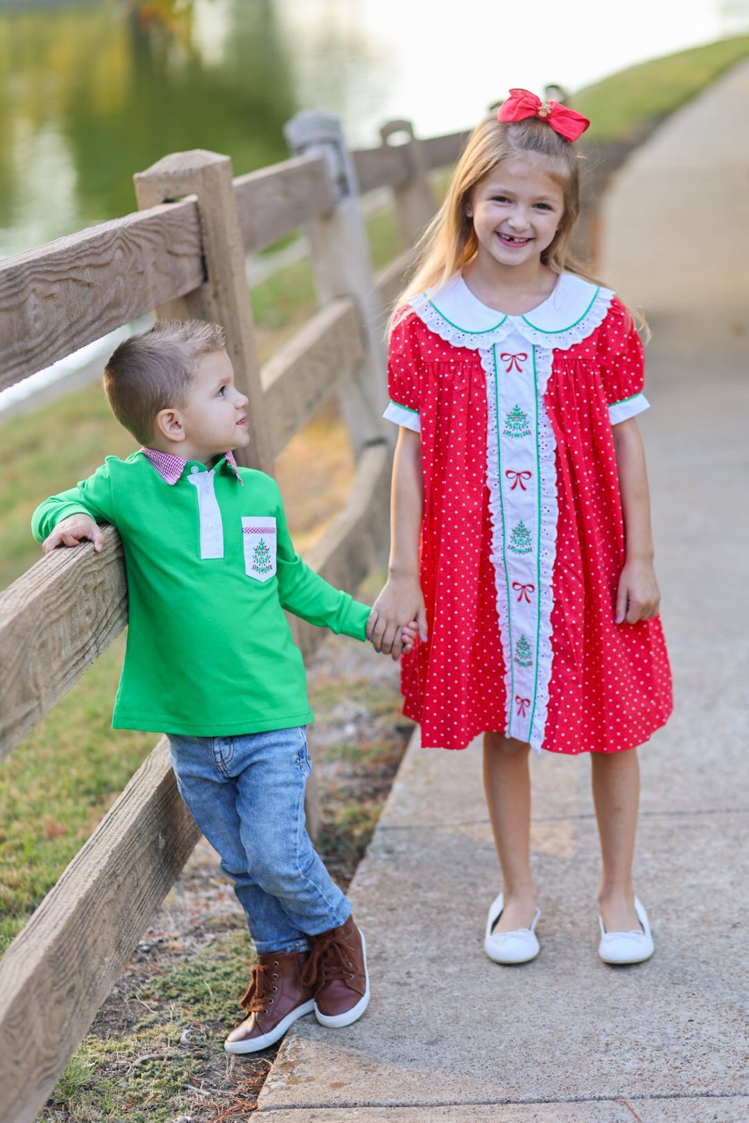 Deck the Halls Red Polka Dot A-Line Dress with Christmas Tree and Bows Embroidery - Abbies Place