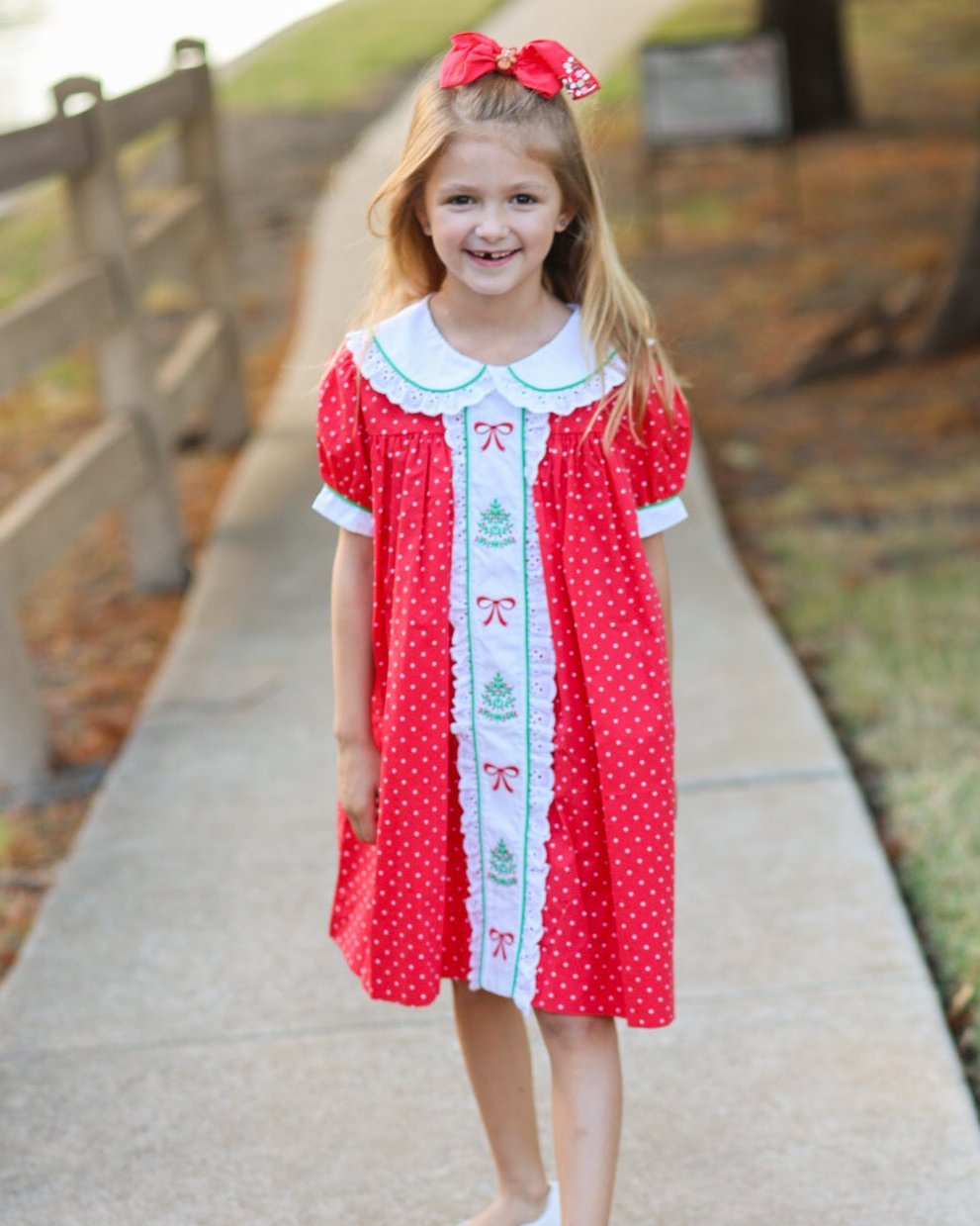 Deck the Halls Red Polka Dot A-Line Dress with Christmas Tree and Bows Embroidery - Abbies Place