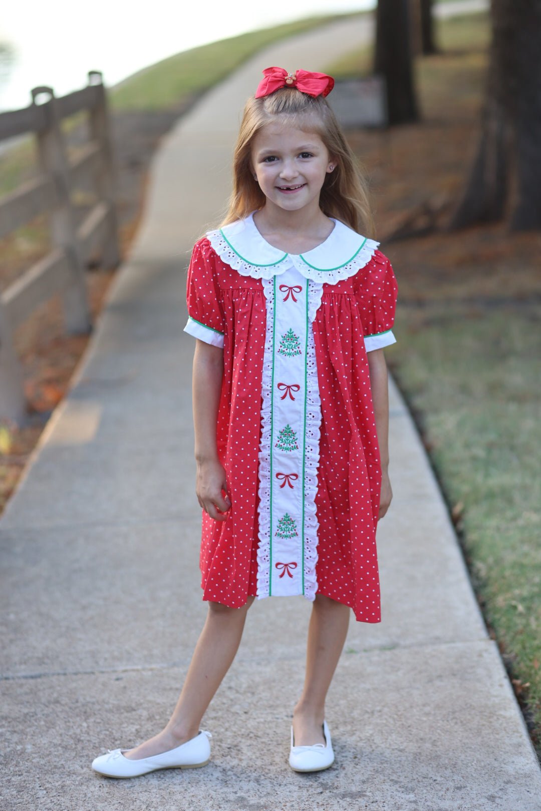 Deck the Halls Red Polka Dot A-Line Dress with Christmas Tree and Bows Embroidery - Abbies Place
