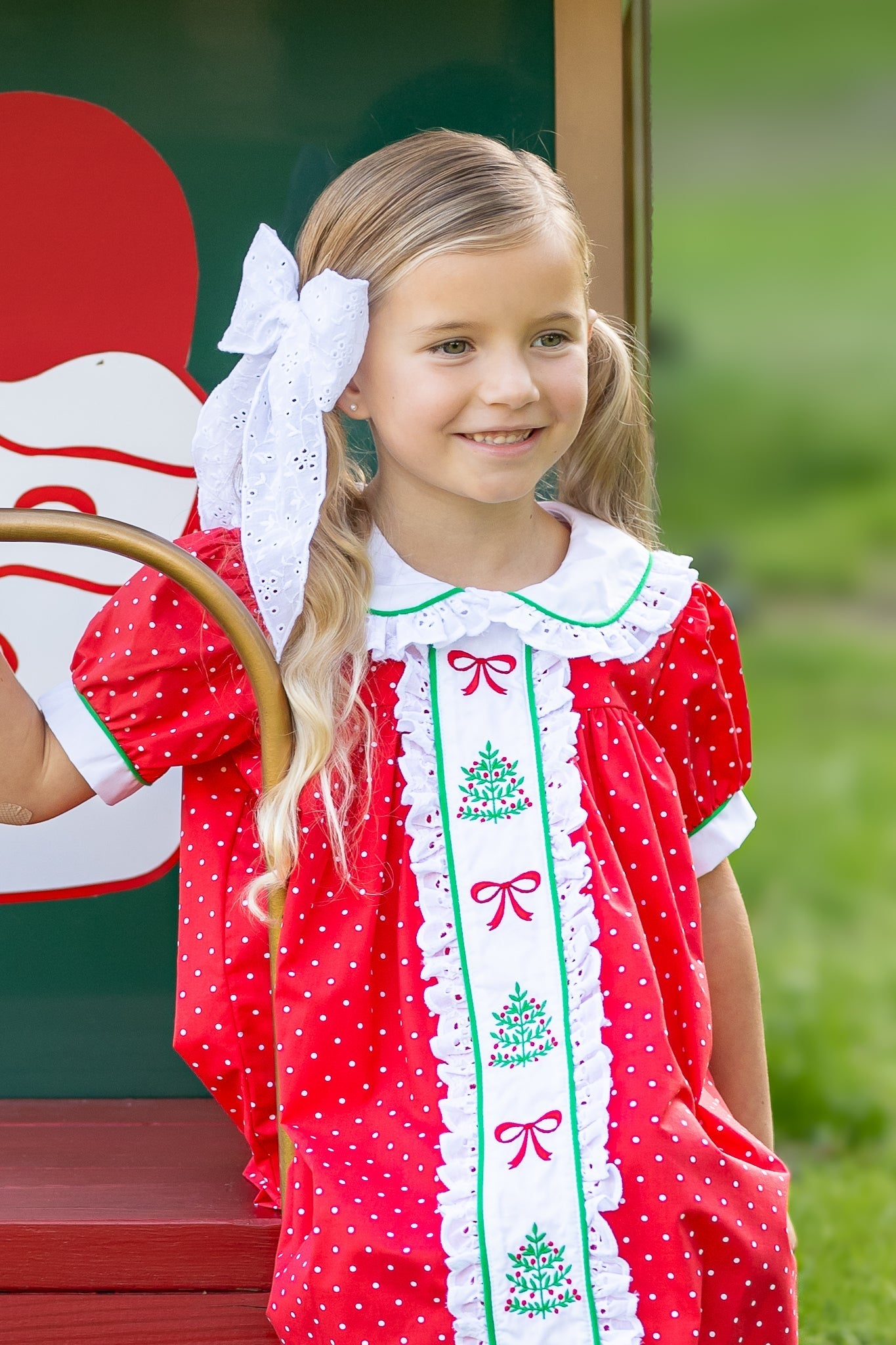 Deck the Halls Red Polka Dot A-Line Dress with Christmas Tree and Bows Embroidery - Abbies Place