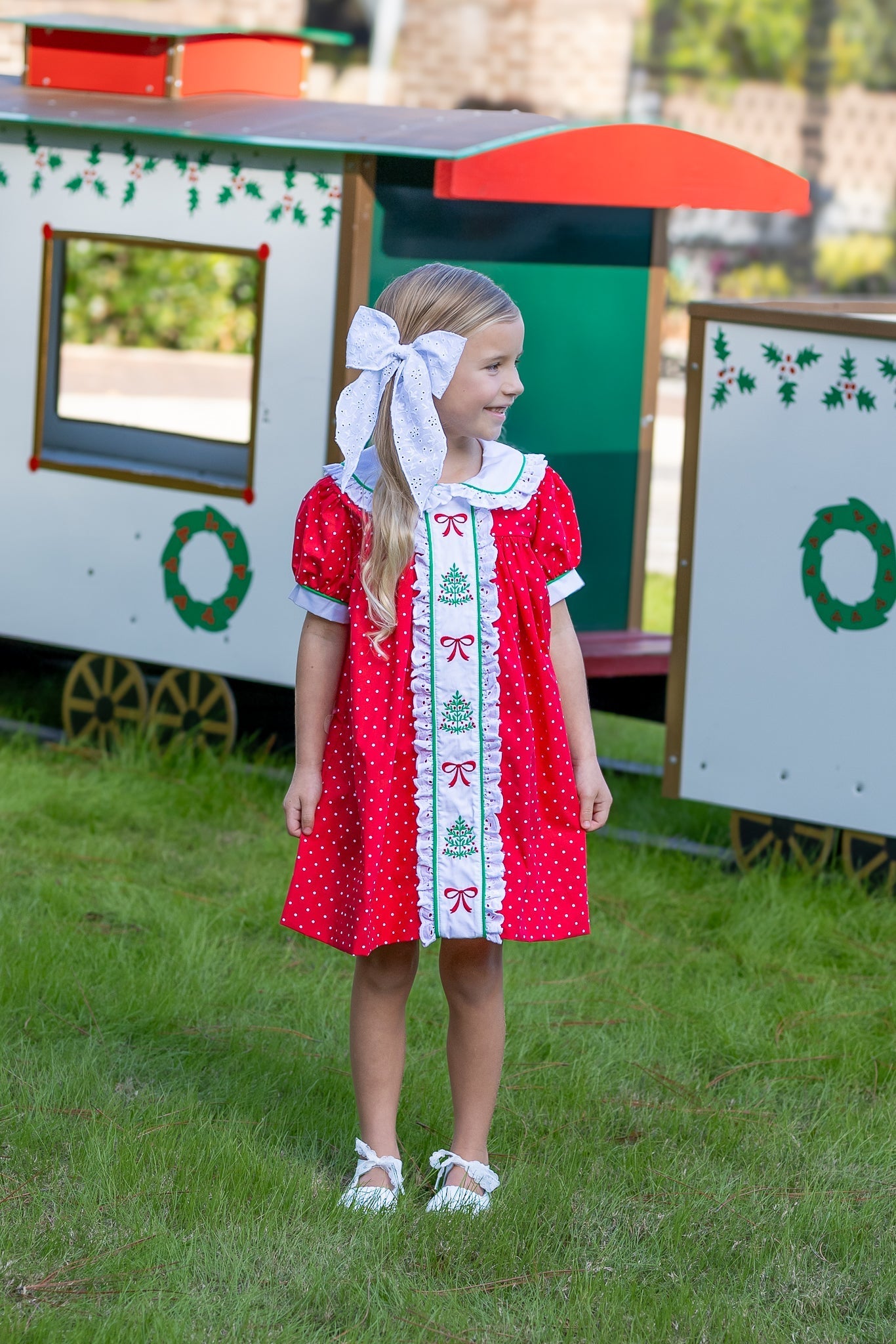 Deck the Halls Red Polka Dot A-Line Dress with Christmas Tree and Bows Embroidery - Abbies Place