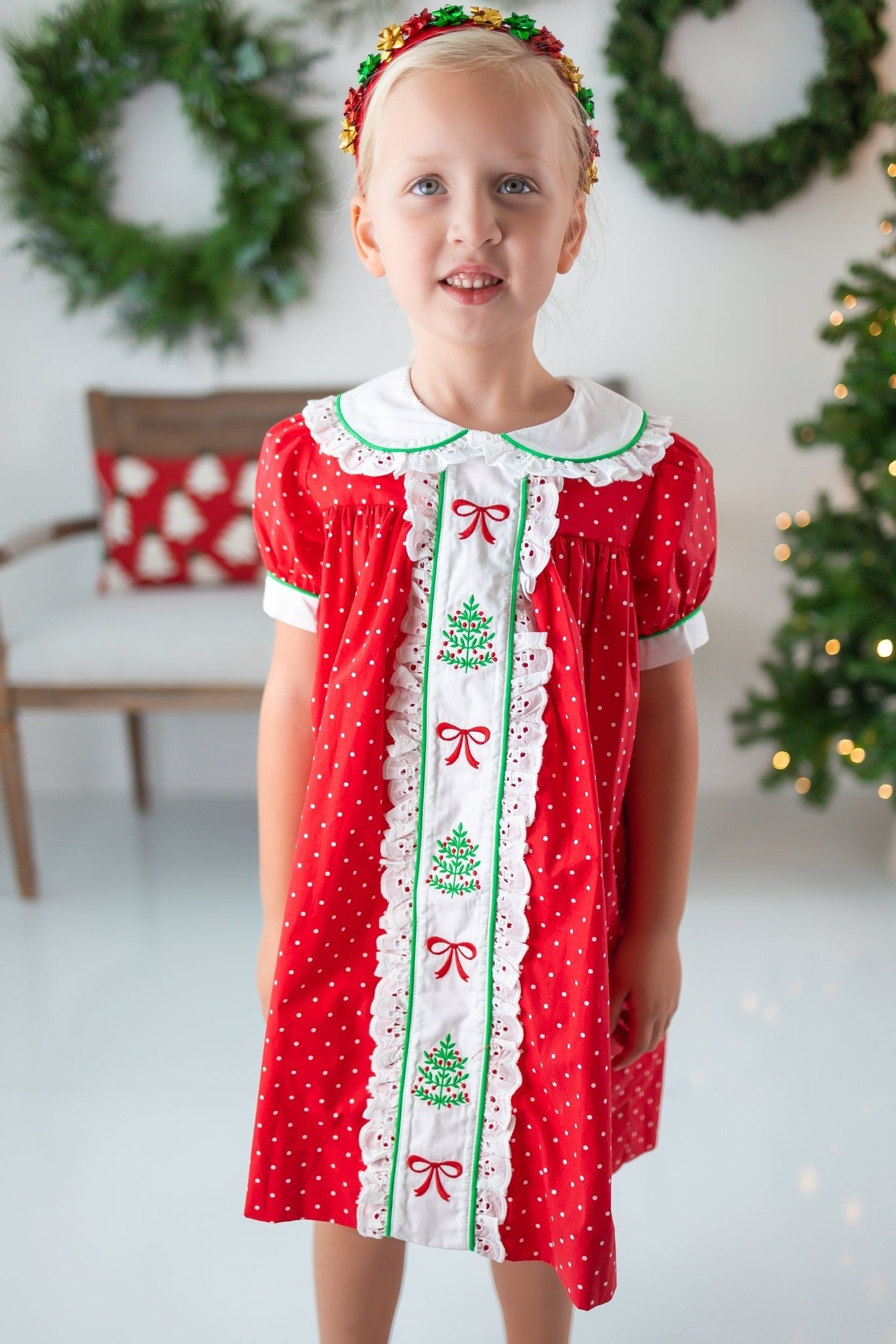 Deck the Halls Red Polka Dot A-Line Dress with Christmas Tree and Bows Embroidery - Abbies Place