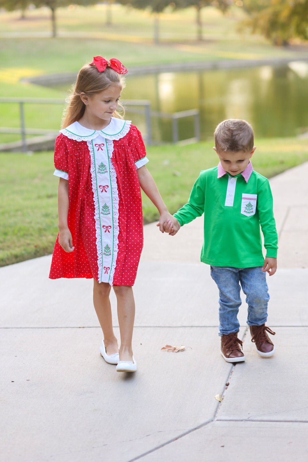Deck the Halls Red Polka Dot A-Line Dress with Christmas Tree and Bows Embroidery - Abbies Place