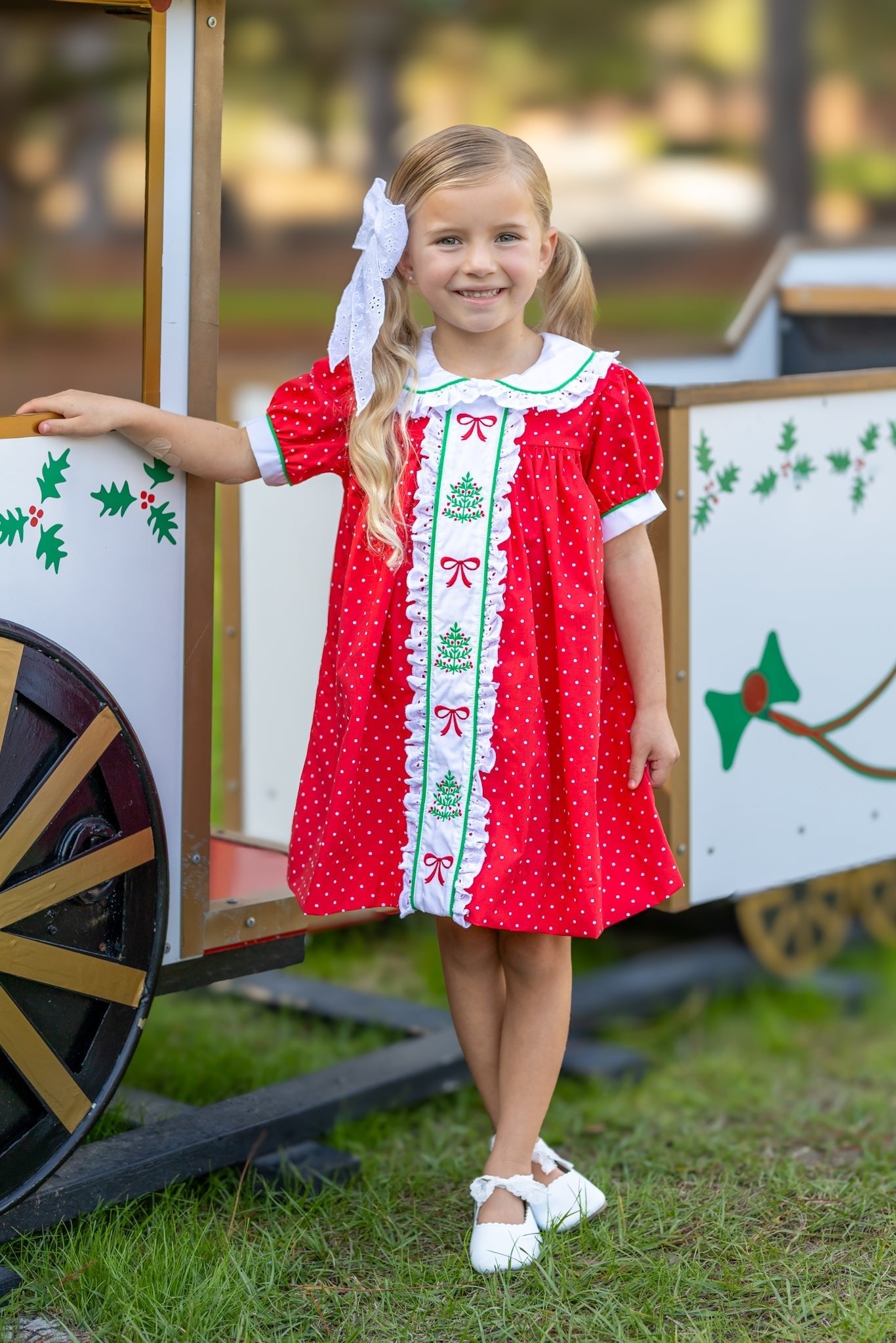 Deck the Halls Red Polka Dot A-Line Dress with Christmas Tree and Bows Embroidery - Abbies Place