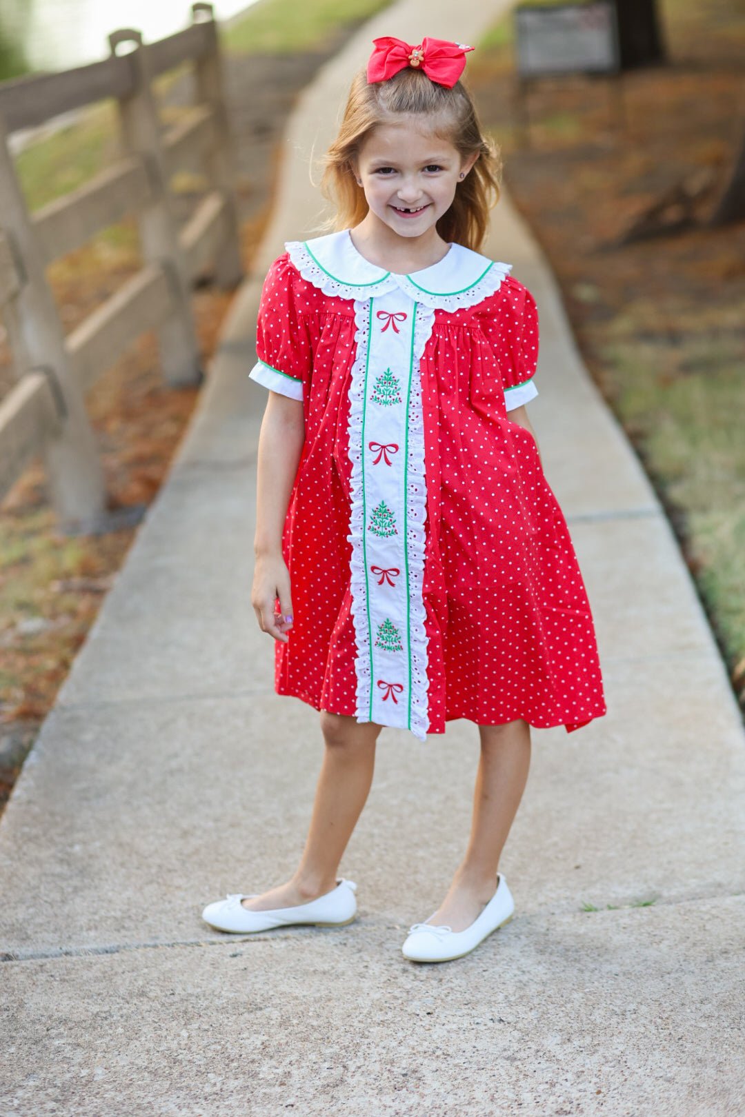 Deck the Halls Red Polka Dot A-Line Dress with Christmas Tree and Bows Embroidery - Abbies Place