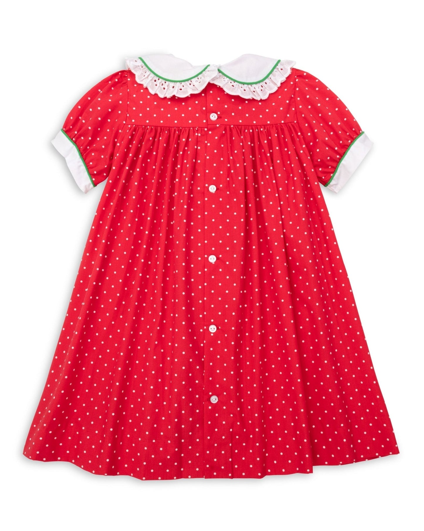Deck the Halls Red Polka Dot A-Line Dress with Christmas Tree and Bows Embroidery - Abbies Place