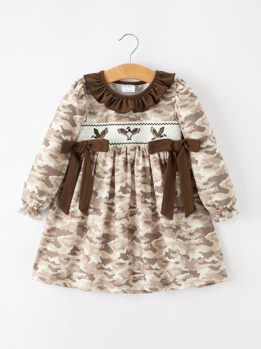 Duck Smocked Camo Girl Dress Bow Detail - Abbies Place