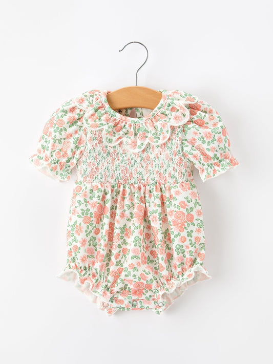 Fall Blush Floral Baby Romper Smocked Petal Collar - Abbies Place