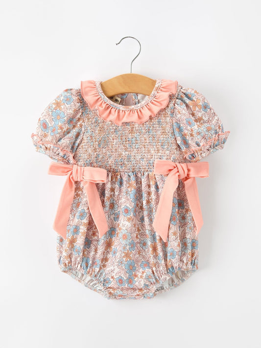 Fall Floral Baby Romper Smocked Ruffle Neck Bow - Abbies Place