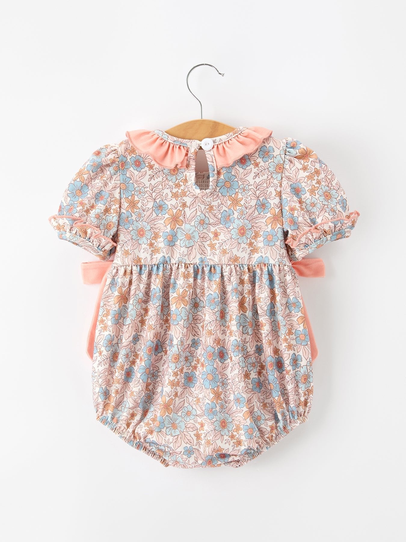 Fall Floral Baby Romper Smocked Ruffle Neck Bow - Abbies Place