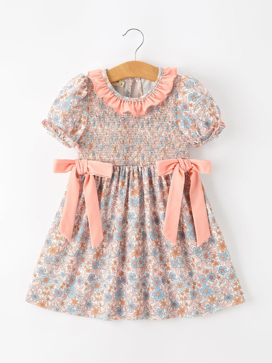 Fall Floral Girls Dress Smocked Ruffle Neck Bow - Abbies Place