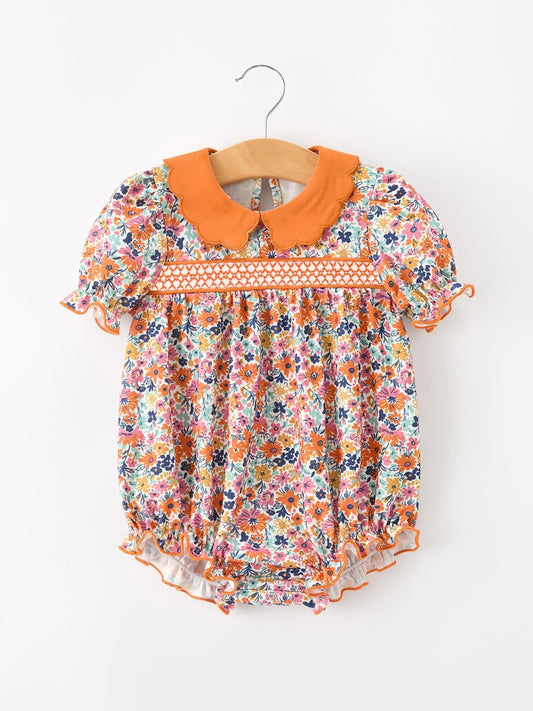 Fall Floral Smocked Petals Collar Girls Bubble Romper - Abbies Place