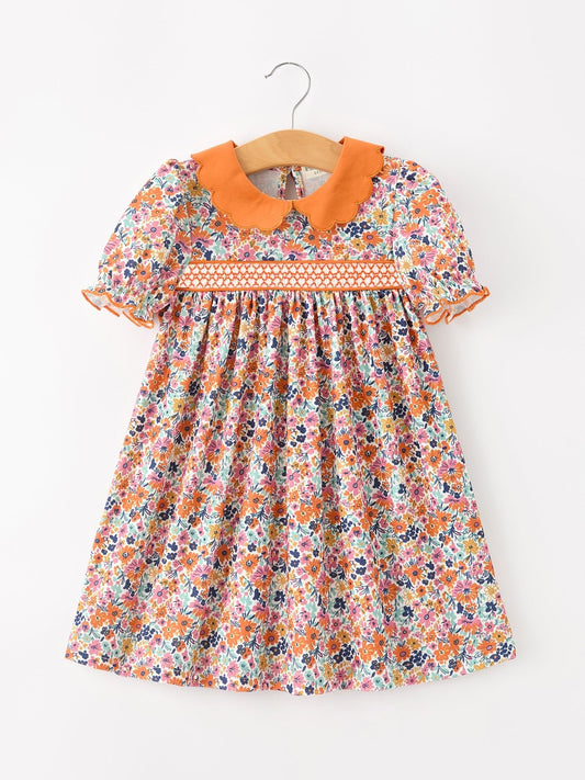 Fall Floral Smocked Petals Collar Girls Dress - Abbies Place