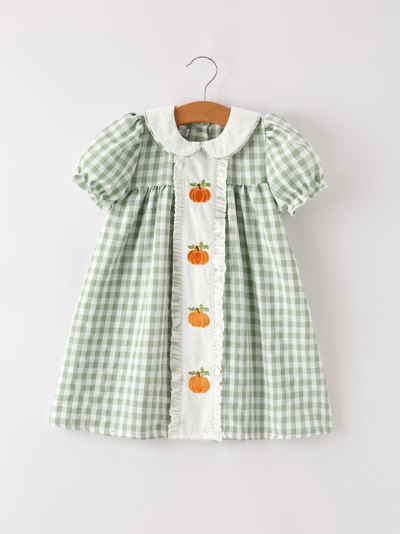 Fall Halloween & Thanksgiving Pumpkin Applique Plaid Green Girls Dress - Abbies Place