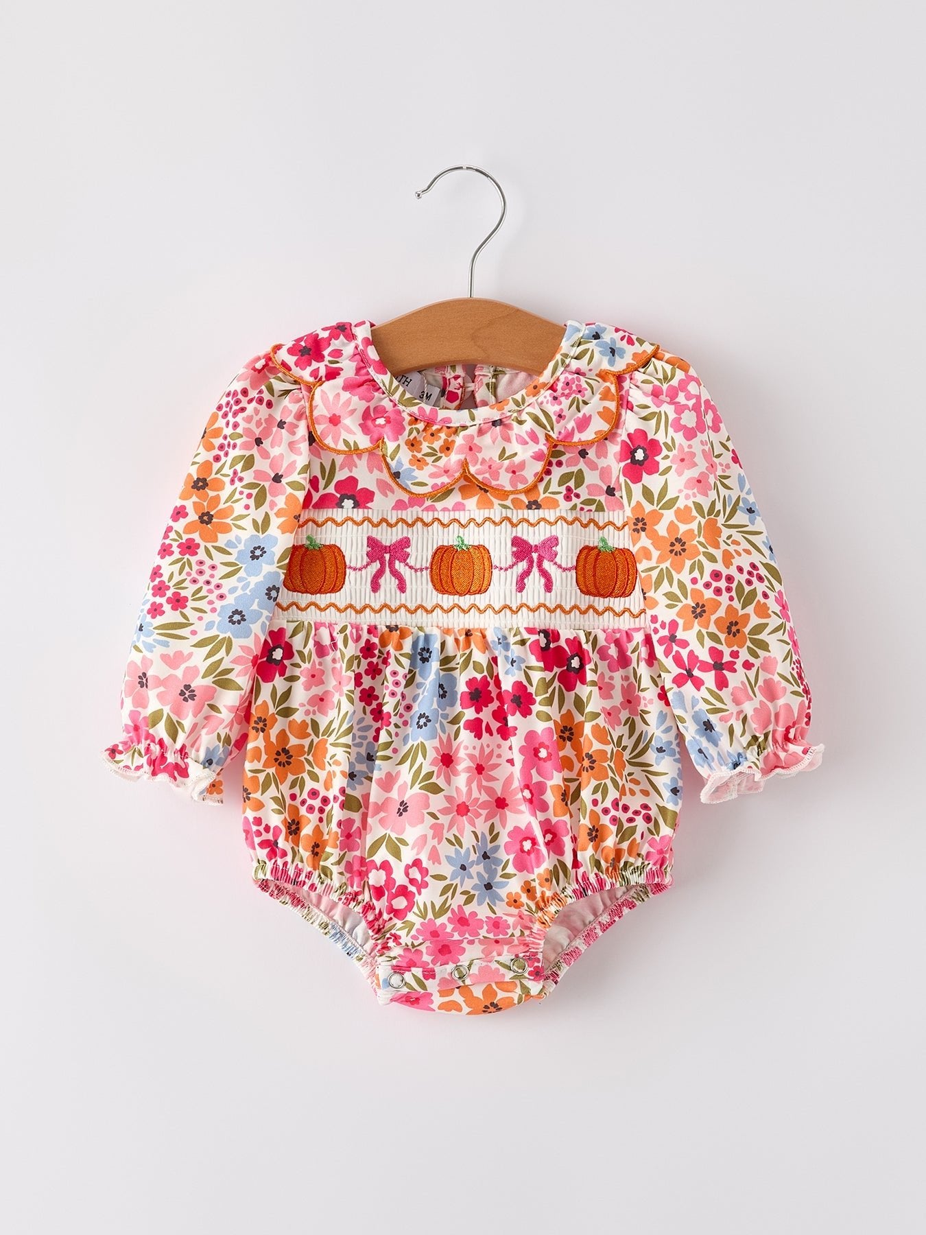 Fall Halloween & Thanksgiving Pumpkin Bow Smock Embroidered Floral Baby Girl Romper - Abbies Place