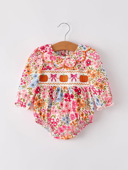 Fall Halloween & Thanksgiving Pumpkin Bow Smock Embroidered Floral Baby Girl Romper - Abbies Place
