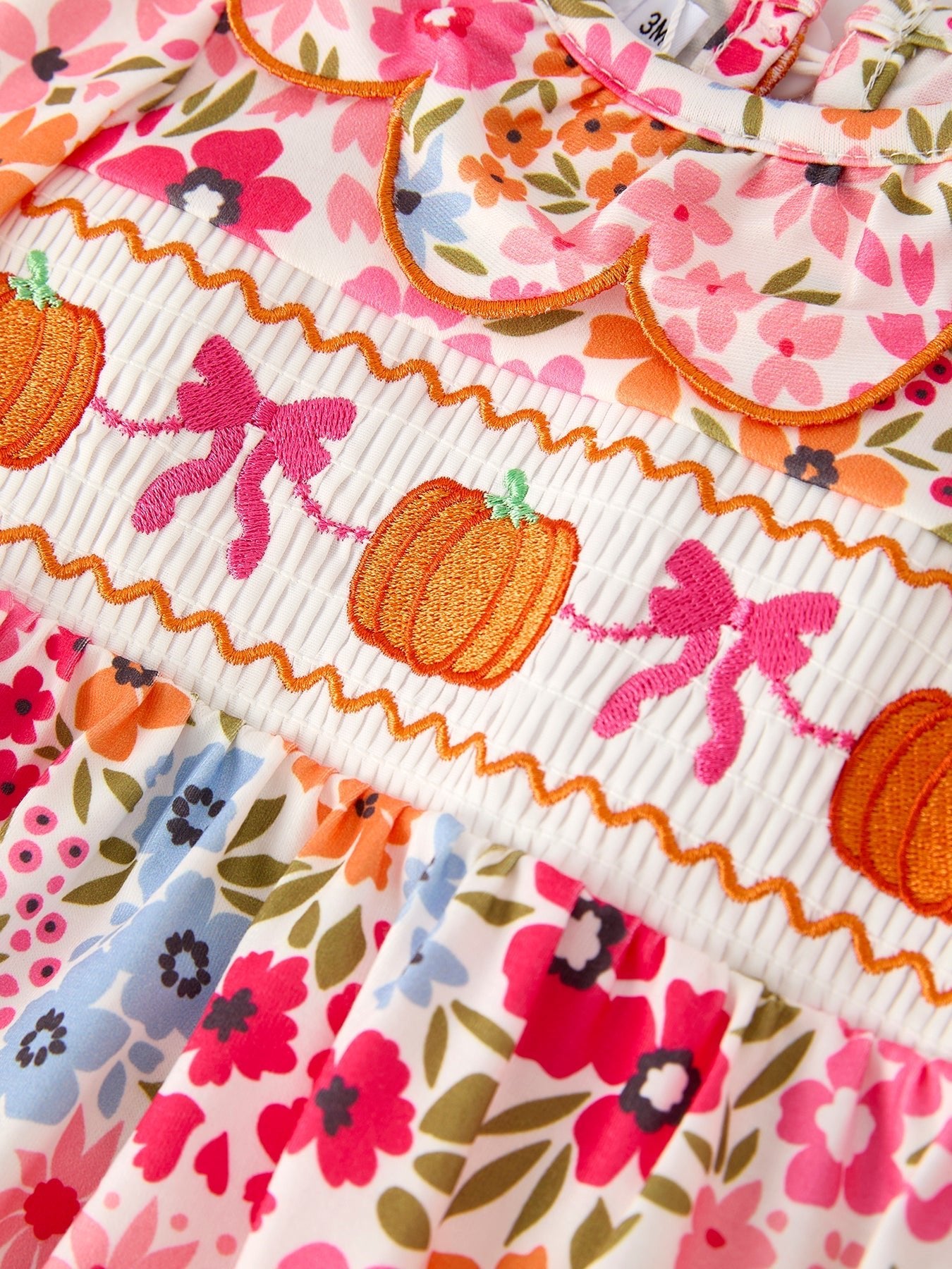 Fall Halloween & Thanksgiving Pumpkin Bow Smock Embroidered Floral Baby Girl Romper - Abbies Place