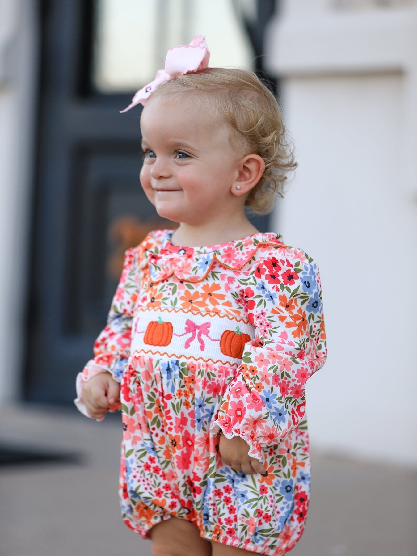 Fall Halloween & Thanksgiving Pumpkin Bow Smock Embroidered Floral Baby Girl Romper - Abbies Place