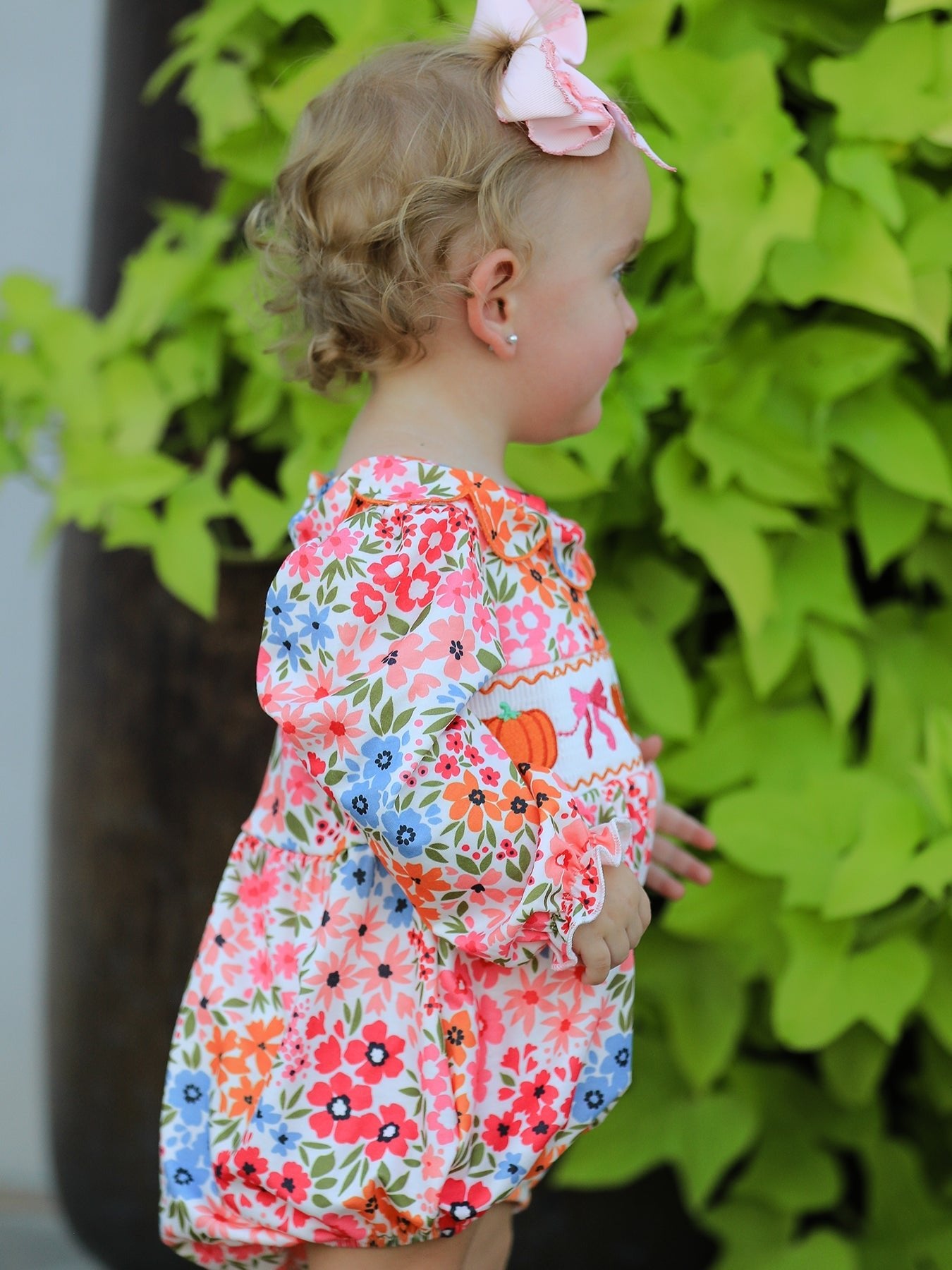 Fall Halloween & Thanksgiving Pumpkin Bow Smock Embroidered Floral Baby Girl Romper - Abbies Place