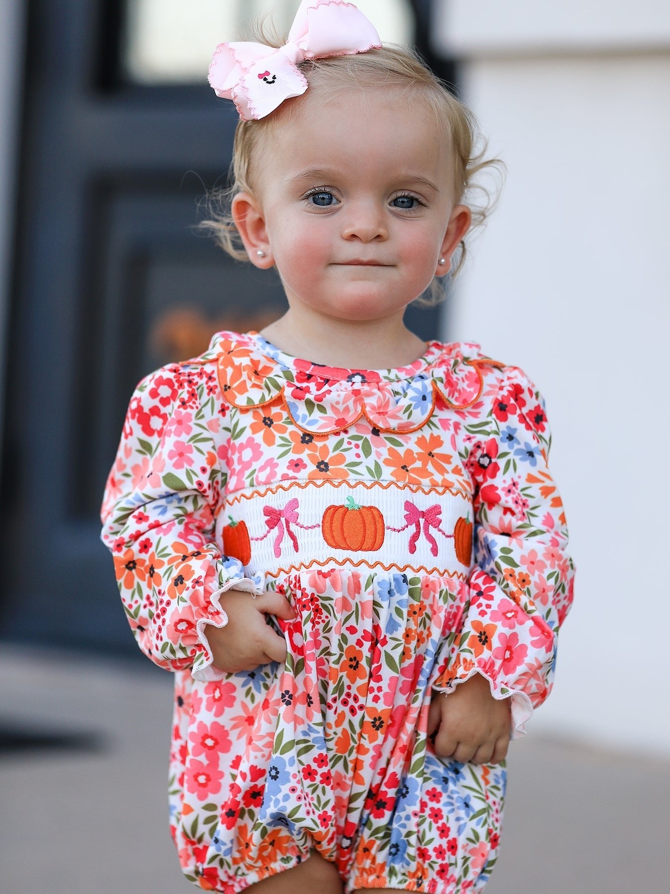 Fall Halloween & Thanksgiving Pumpkin Bow Smock Embroidered Floral Baby Girl Romper - Abbies Place