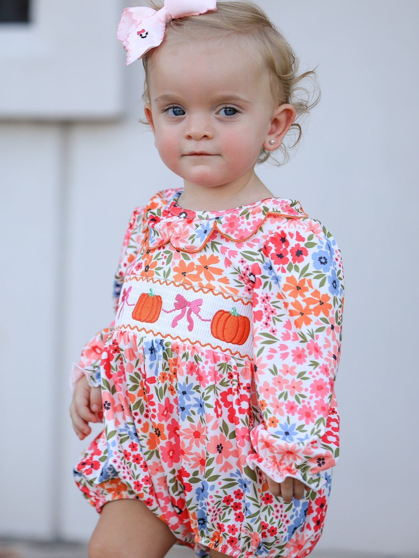 Fall Halloween & Thanksgiving Pumpkin Bow Smock Embroidered Floral Baby Girl Romper - Abbies Place