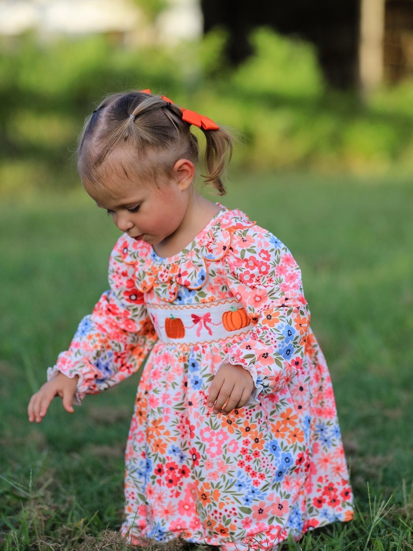 Fall Halloween & Thanksgiving Pumpkin Bow Smock Embroidered Floral Dress - Abbies Place