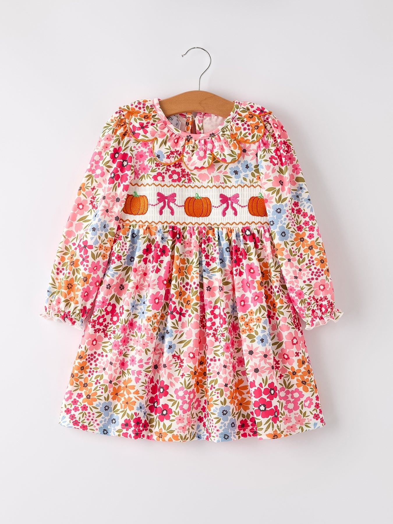 Fall Halloween & Thanksgiving Pumpkin Bow Smock Embroidered Floral Dress - Abbies Place