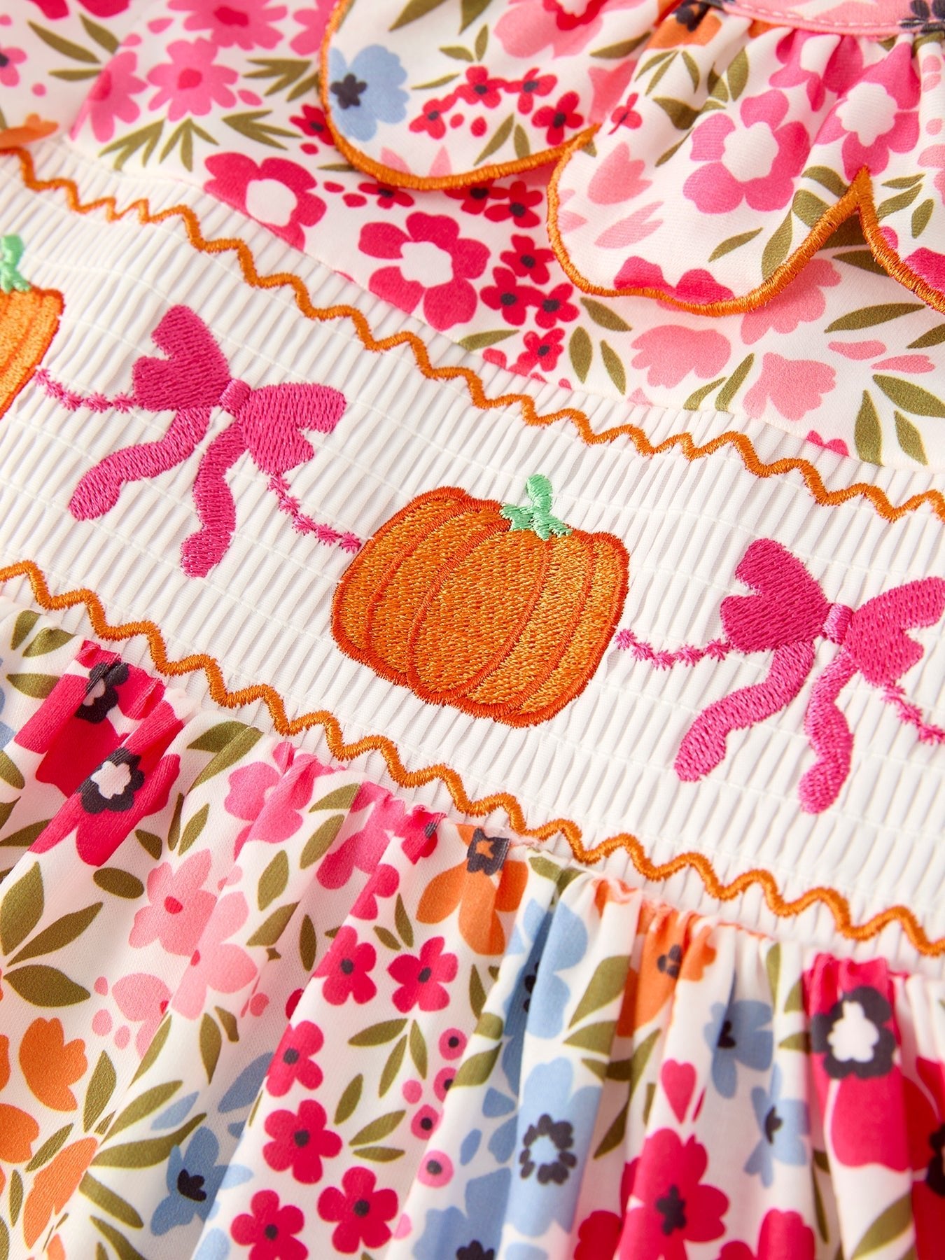Fall Halloween & Thanksgiving Pumpkin Bow Smock Embroidered Floral Dress - Abbies Place