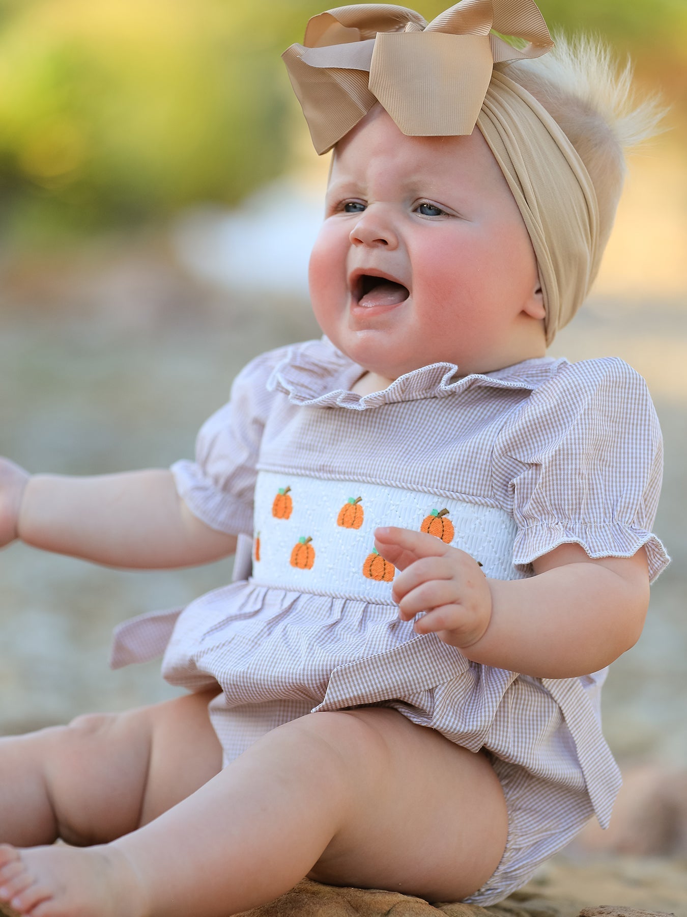 Fall Halloween & Thanksgiving Pumpkin Embroidery Smock Plaid Baby Girl Romper - Abbies Place