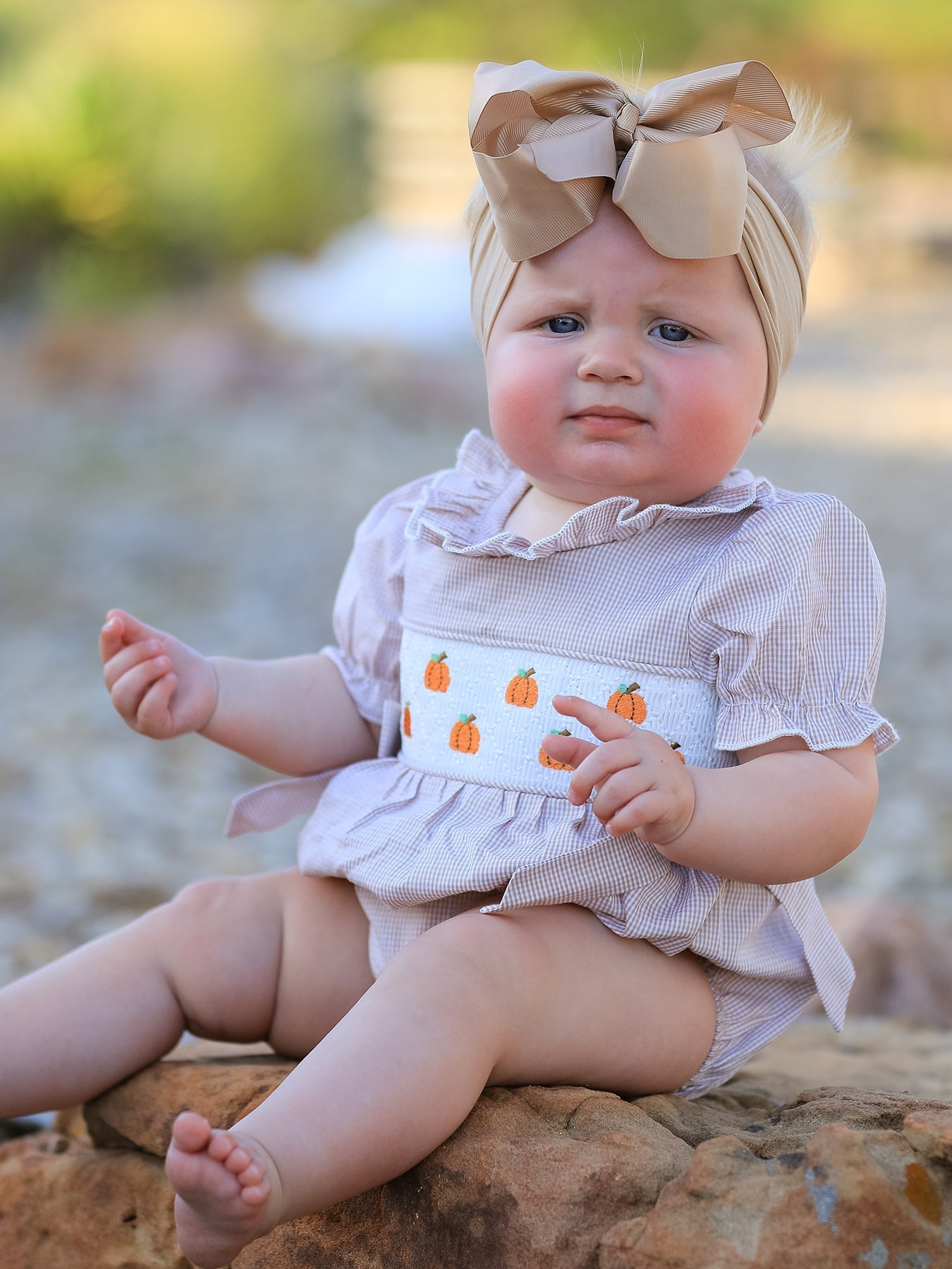 Fall Halloween & Thanksgiving Pumpkin Embroidery Smock Plaid Baby Girl Romper - Abbies Place