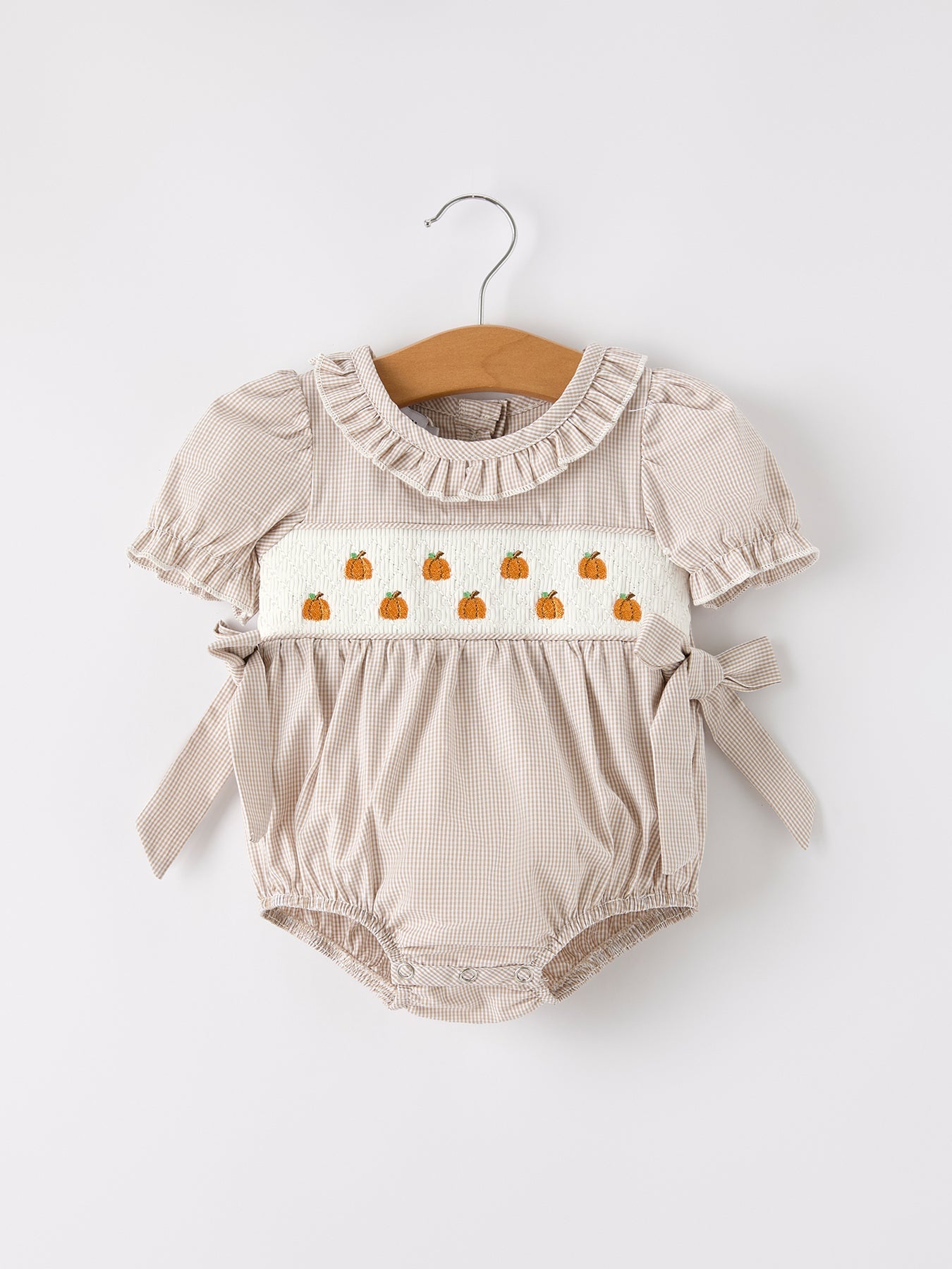 Fall Halloween & Thanksgiving Pumpkin Embroidery Smock Plaid Baby Girl Romper - Abbies Place