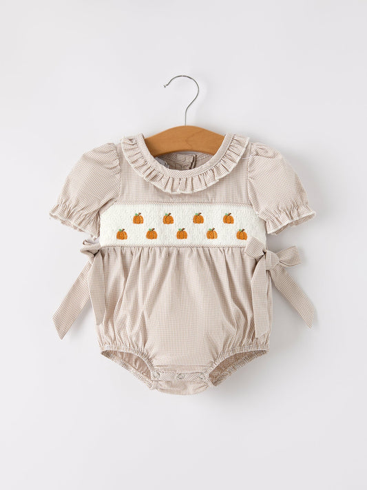 Fall Halloween & Thanksgiving Pumpkin Embroidery Smock Plaid Baby Girl Romper - Abbies Place