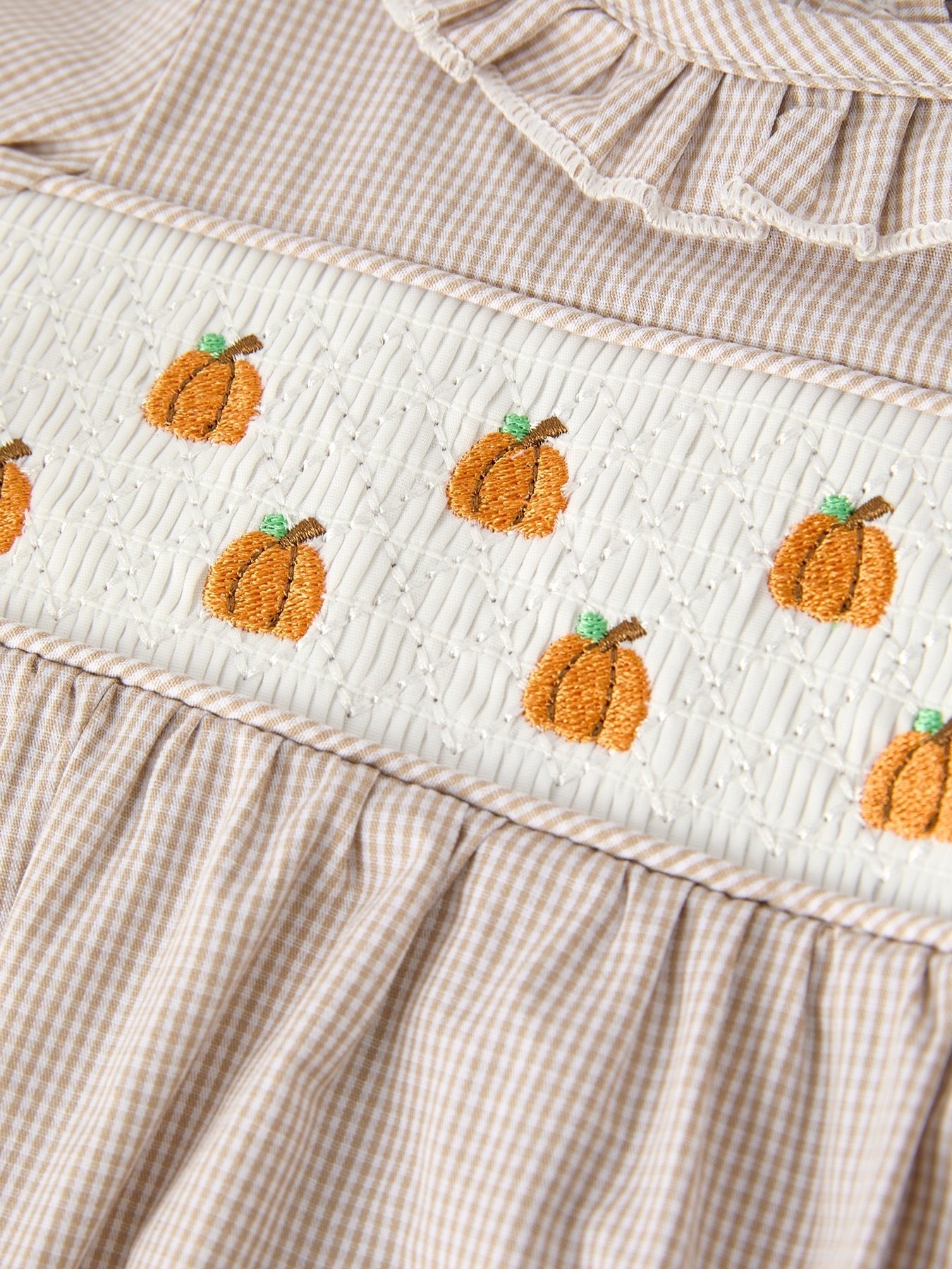 Fall Halloween & Thanksgiving Pumpkin Embroidery Smock Plaid Baby Girl Romper - Abbies Place