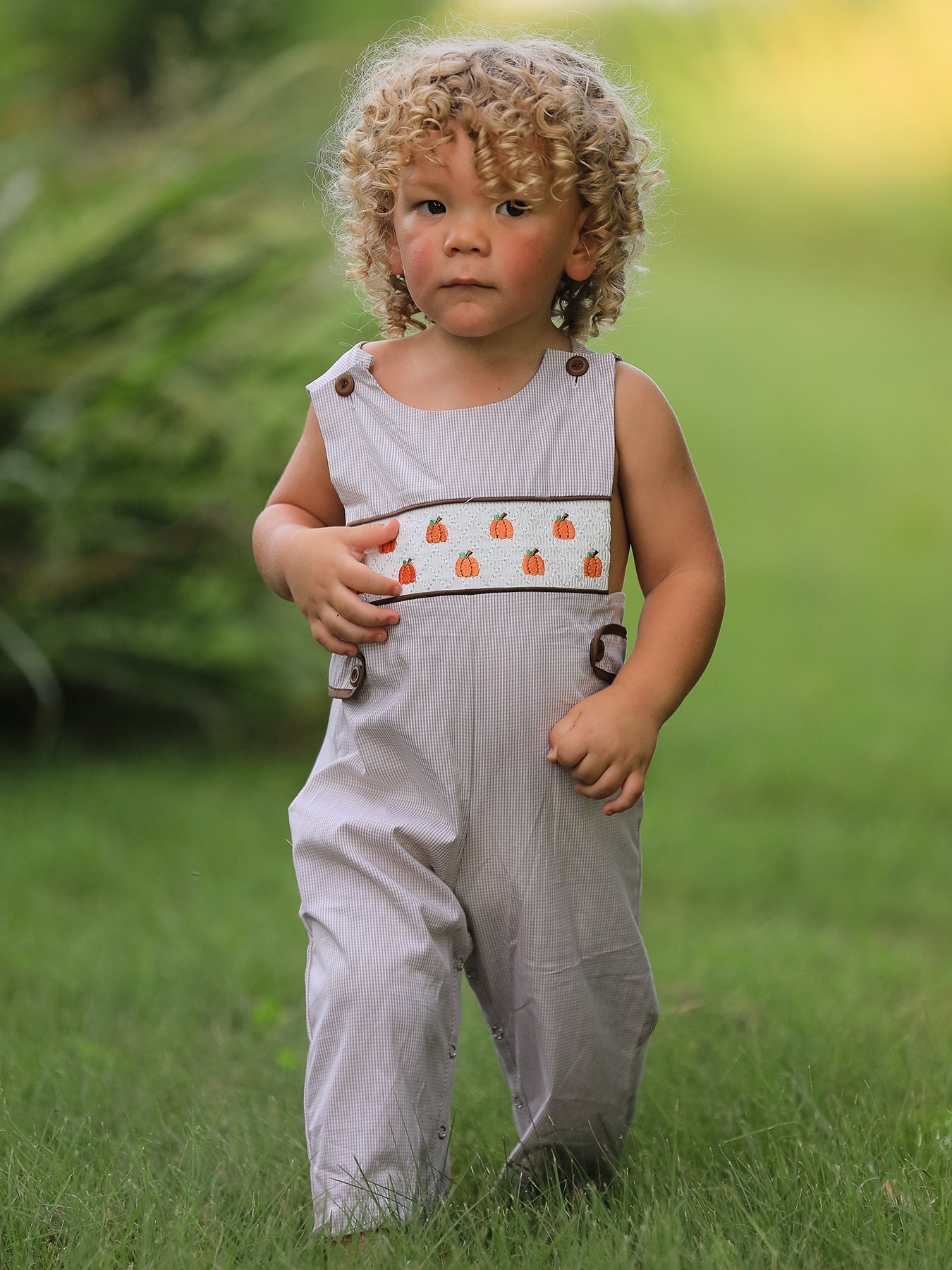 Fall Halloween & Thanksgiving Pumpkin Smock Embroidered Boys Romper - Abbies Place