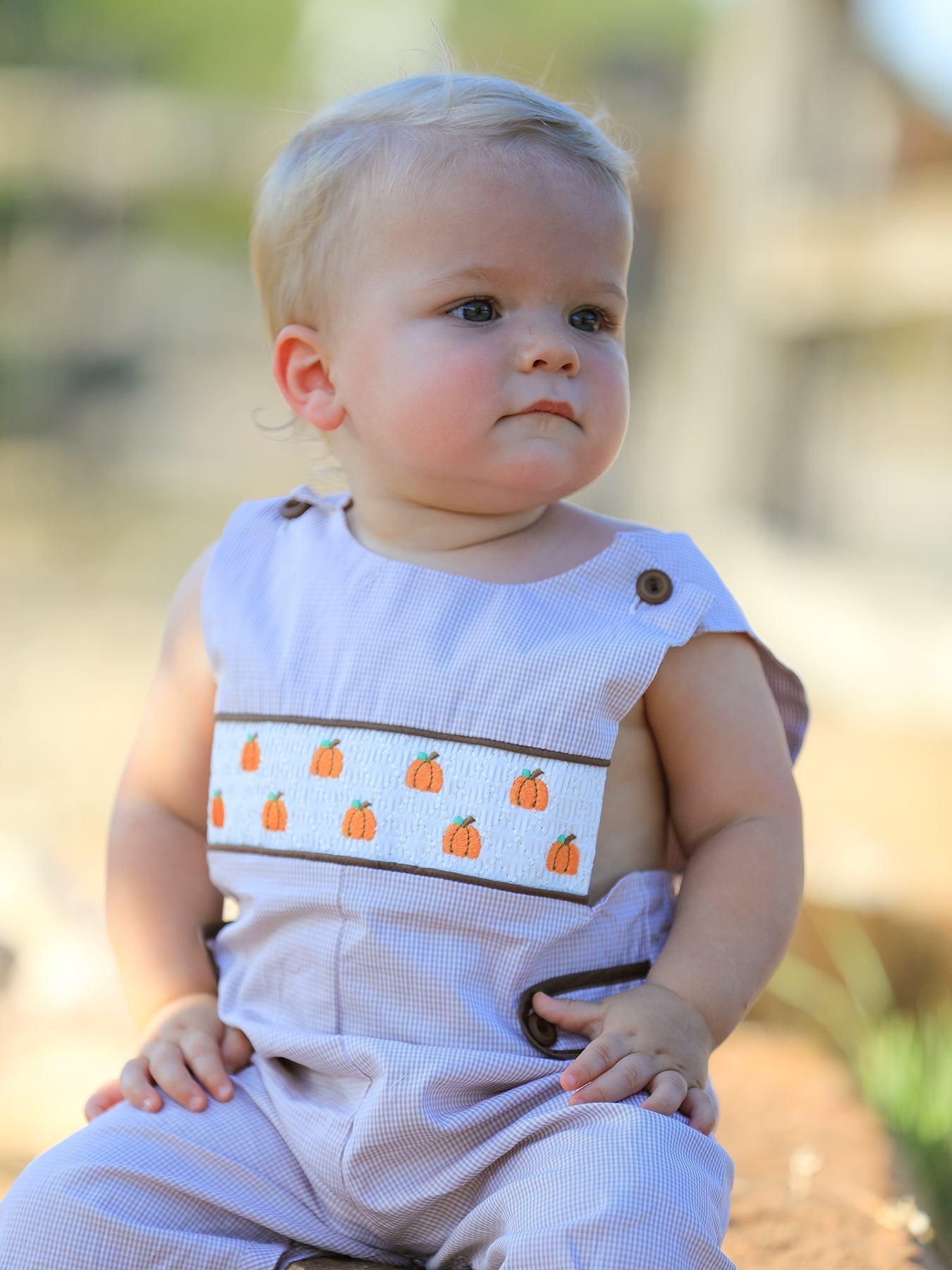 Fall Halloween & Thanksgiving Pumpkin Smock Embroidered Boys Romper - Abbies Place
