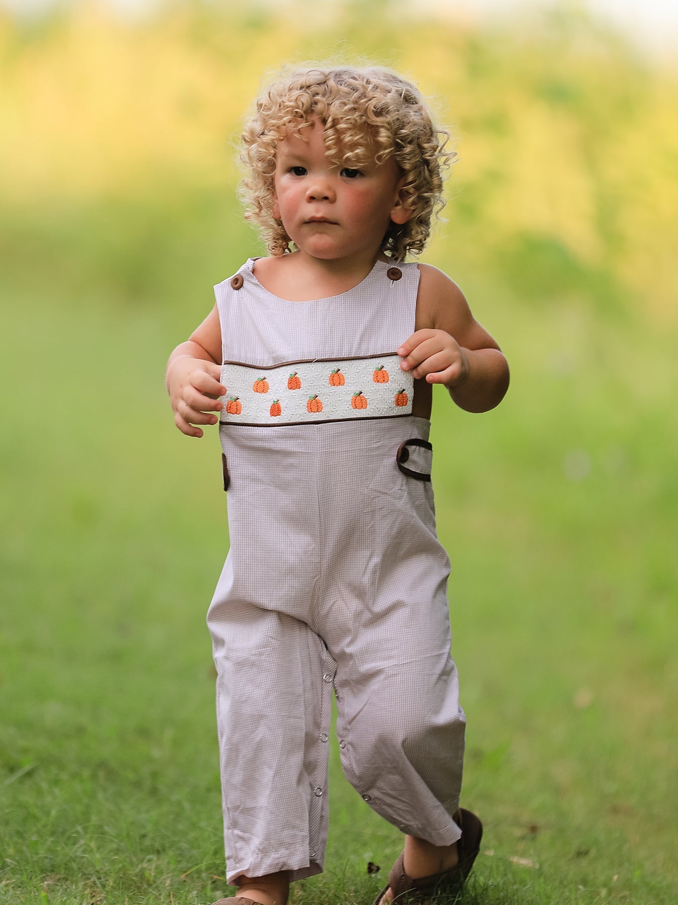 Fall Halloween & Thanksgiving Pumpkin Smock Embroidered Boys Romper - Abbies Place