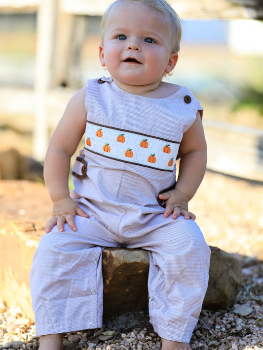 Fall Halloween & Thanksgiving Pumpkin Smock Embroidered Boys Romper - Abbies Place