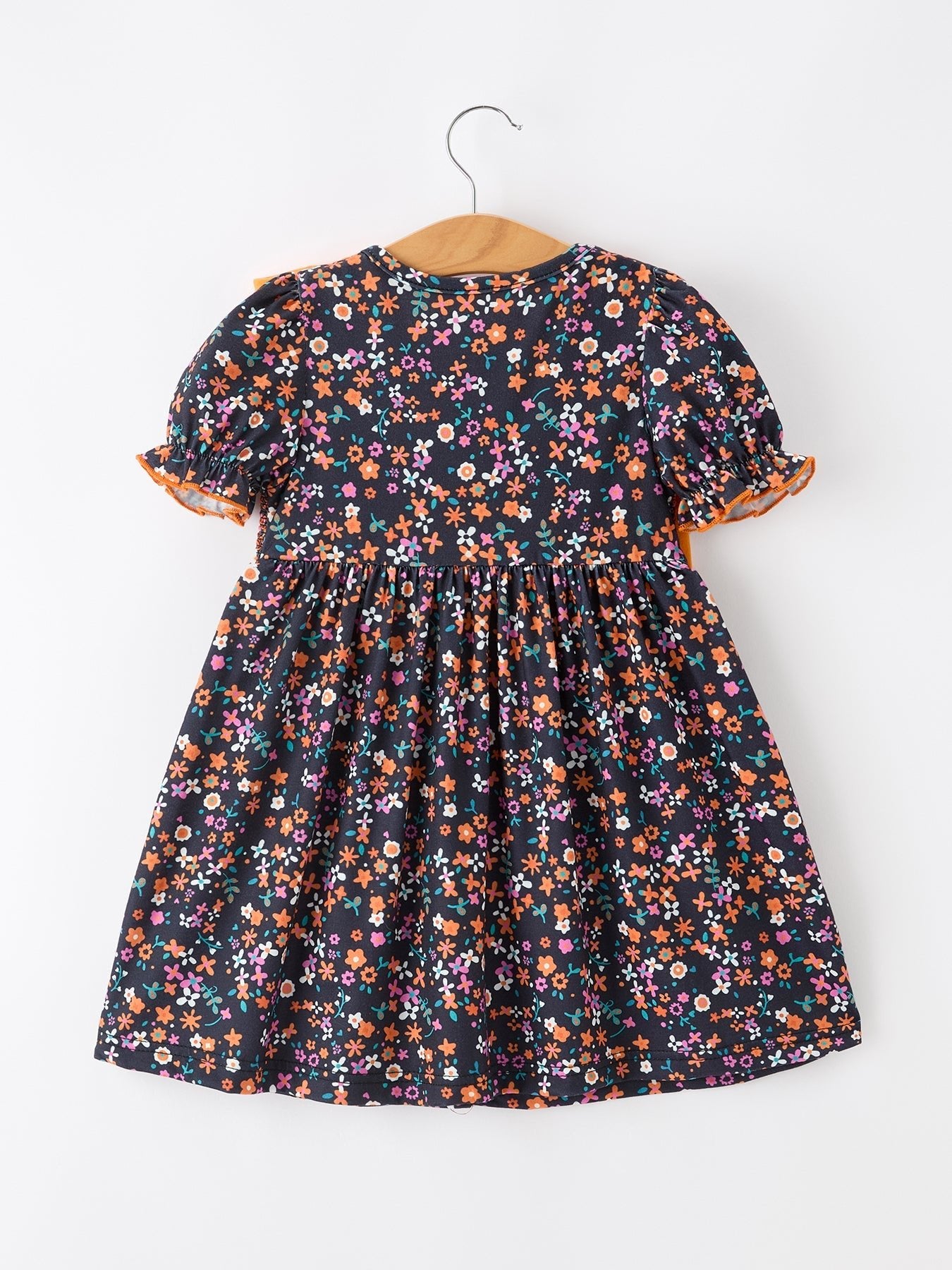 Fall Orange Bow Smocked Floral Girl Dress - Abbies Place