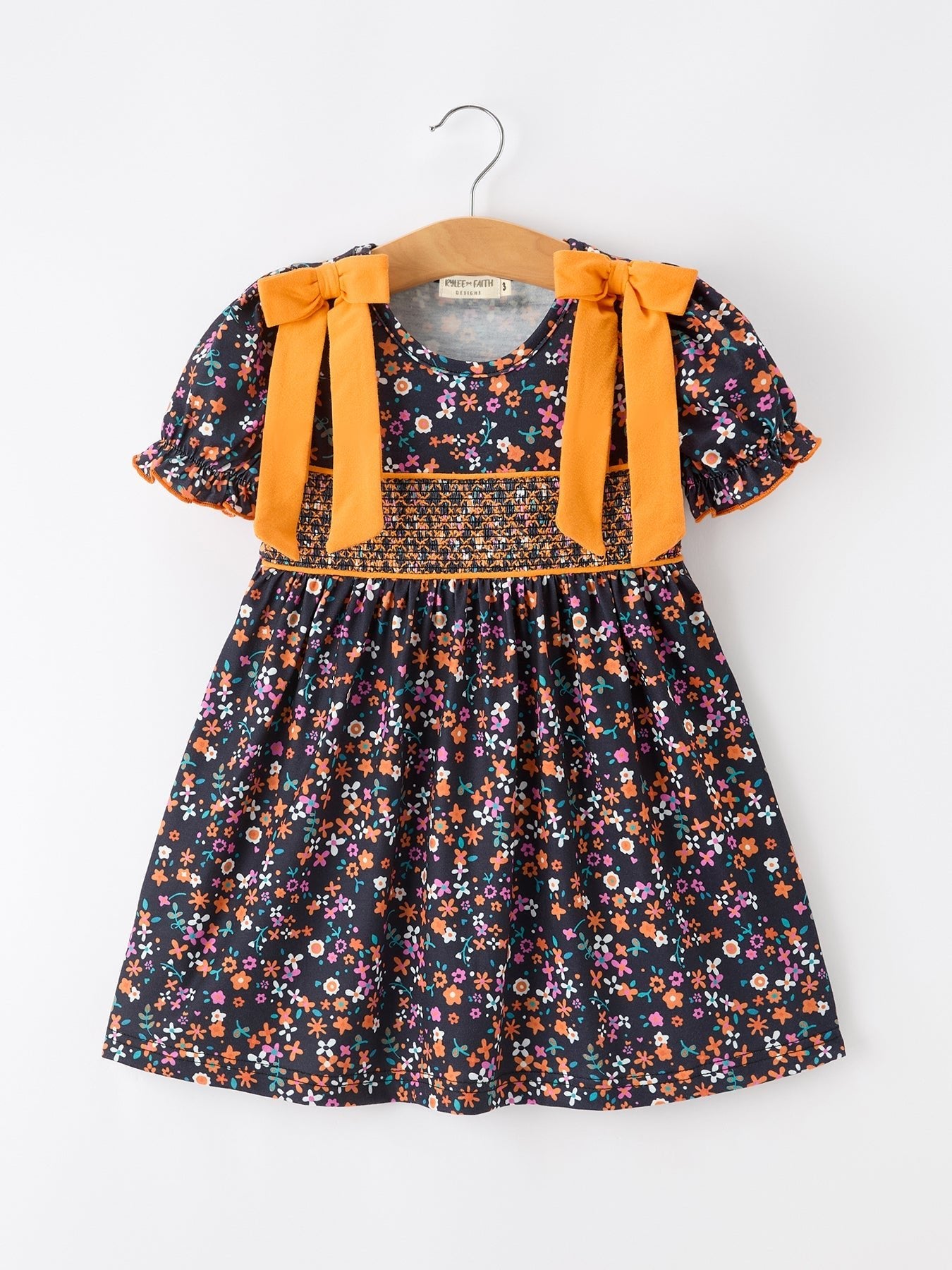 Fall Orange Bow Smocked Floral Girl Dress - Abbies Place