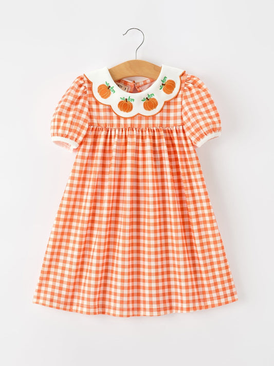 Fall Pumpkin Embroidered Puff Sleeve Girls Dress - Abbies Place