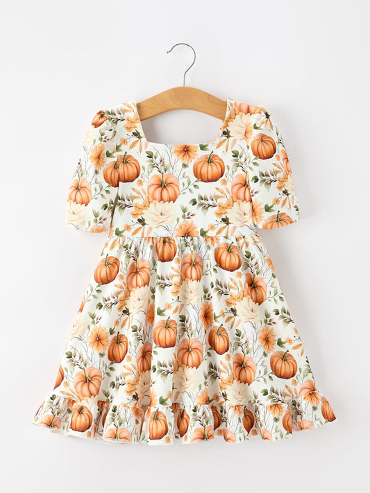 Fall Pumpkin Floral Girls Ruffle Hem Dress - Abbies Place