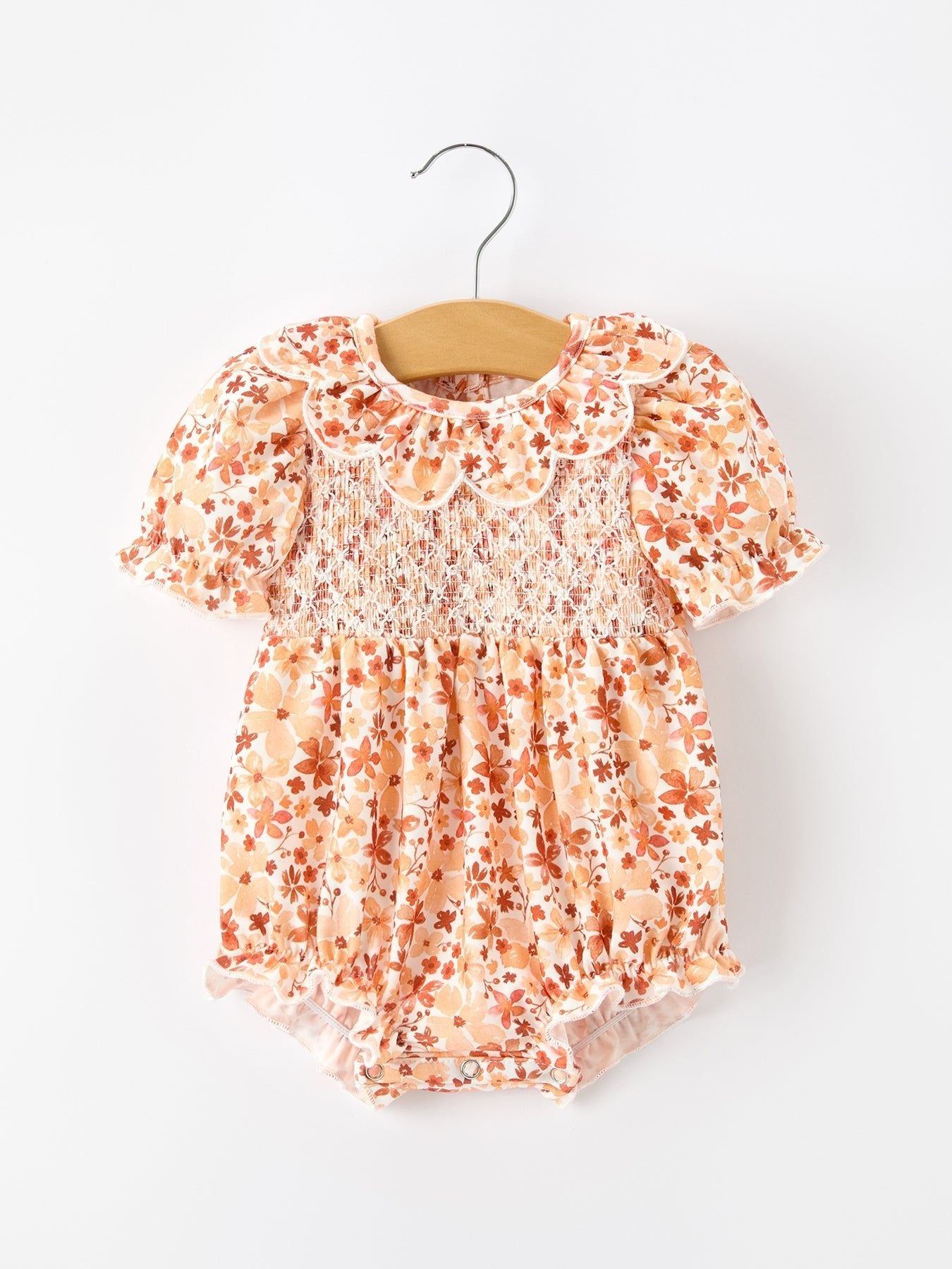 Fall Rust Floral Baby Romper Smocked Petal Collar - Abbies Place