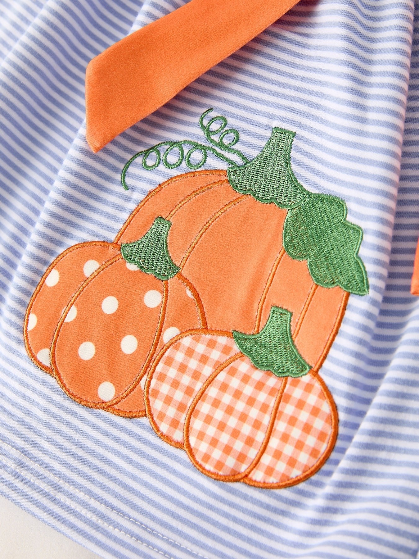 Fall Thanksgiving and Halloween Lapel Stripe Pumpkin Applique Bow Girls Dress - Abbies Place