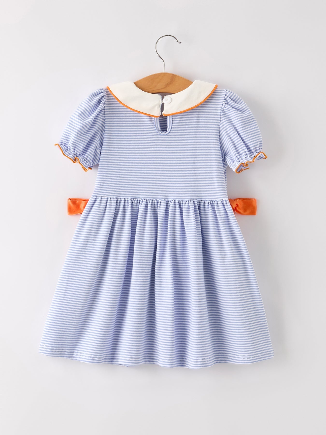 Fall Thanksgiving and Halloween Lapel Stripe Pumpkin Applique Bow Girls Dress - Abbies Place