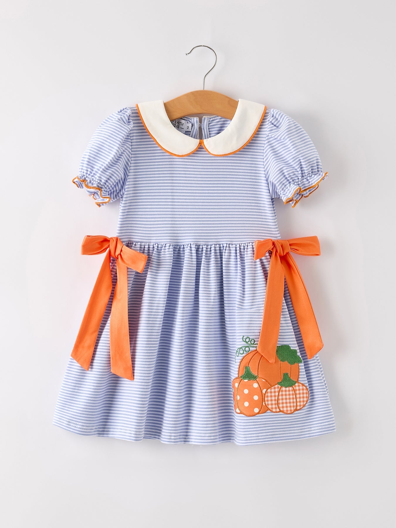 Fall Thanksgiving and Halloween Lapel Stripe Pumpkin Applique Bow Girls Dress - Abbies Place