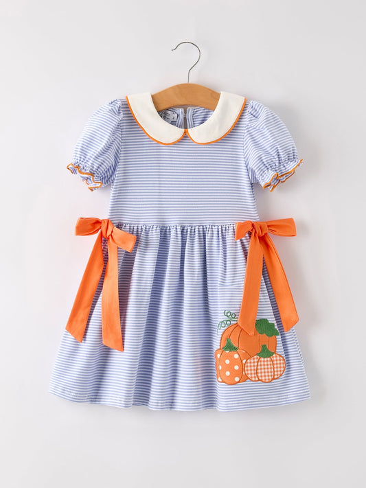 Fall Thanksgiving and Halloween Lapel Stripe Pumpkin Applique Bow Girls Dress - Abbies Place