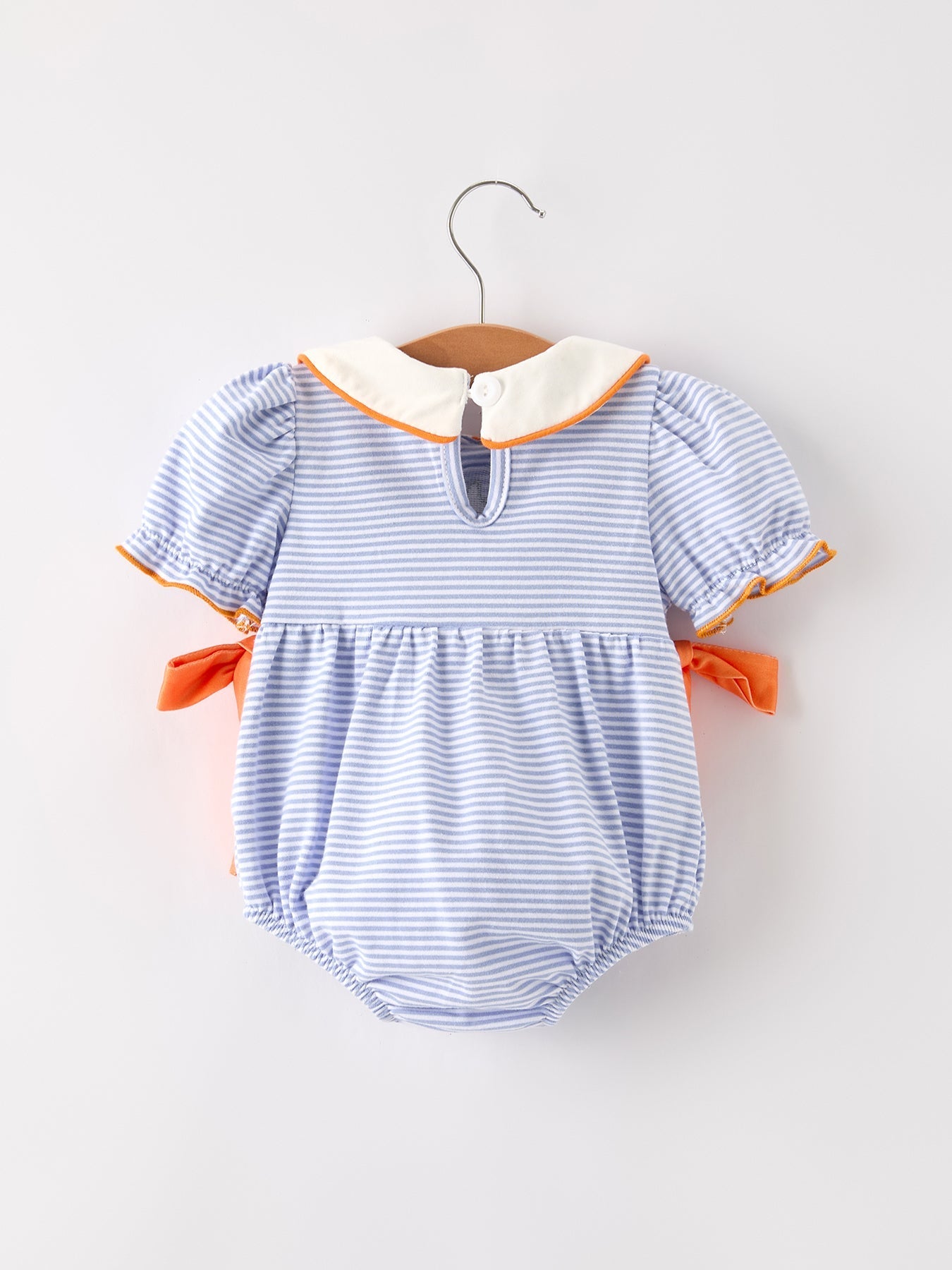 Fall Thanksgiving and Halloween Lapel Stripe Pumpkin Applique Bow Girls Romper - Abbies Place