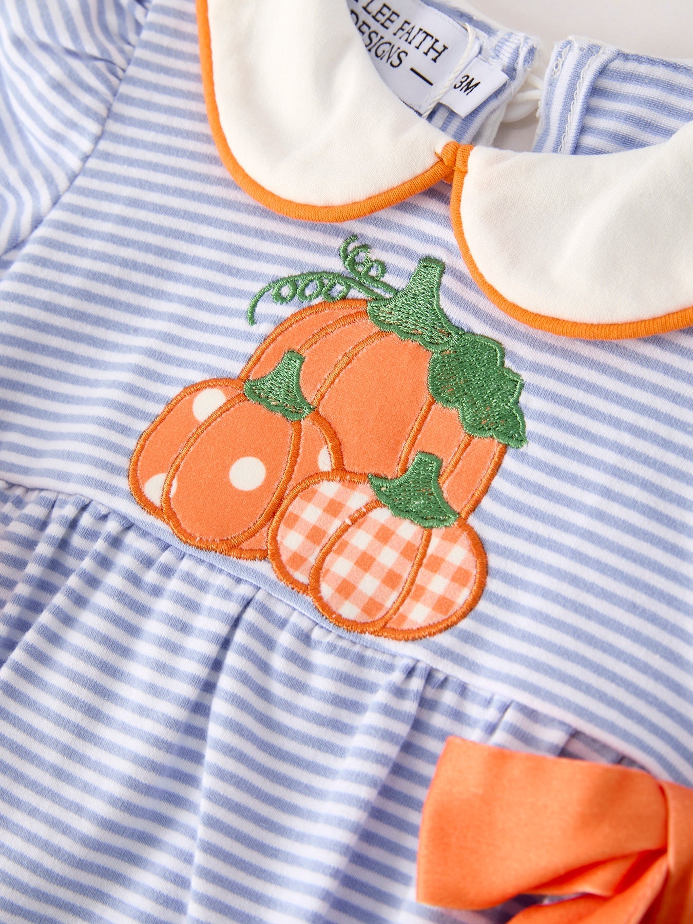 Fall Thanksgiving and Halloween Lapel Stripe Pumpkin Applique Bow Girls Romper - Abbies Place